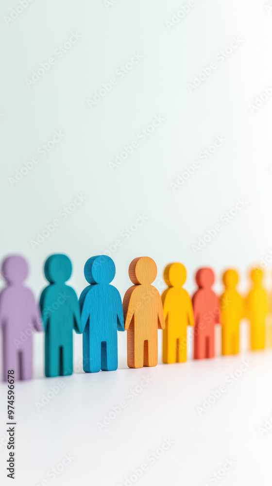 Colorful wooden figures representing people in row symbolize unity and diversity Colorful wooden figures representing people in row symbolize unity and diversity