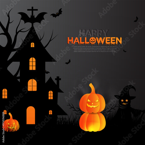 Abstract Halloween holiday part banner design template with moon, bats, tree, and ghost home. Night happy Halloween background design. Darken Halloween art. 