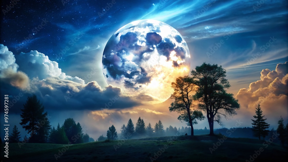 Luminous full moon dominates the night sky, casting an ethereal glow on the serene landscape, with clouds and trees silhouetted against its radiant backdrop. Luminous full moon dominates the night sky, casting an ethereal glow on the serene landscape, with clouds and trees silhouetted against its radiant backdrop.