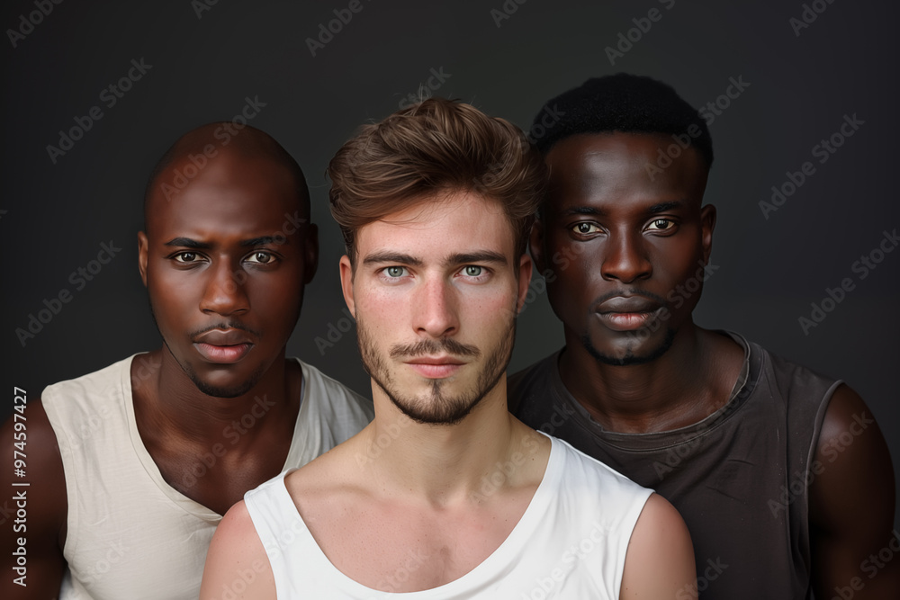 Fashionable portrait of three young handsome men on a black background. Studio photo of two African-American models and one white male. Fashionable portrait of three young handsome men on a black background. Studio photo of two African-American models and one white male.