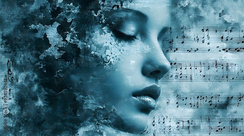 Woman's Face, Minimalist Features, With Musical Score Background, Blue and White, Abstract Image, Texture, Pattern Background, Wallpaper, Cover and Screen of Smartphone, PC, Laptop, 9:16 and 16:9 Form Woman's Face, Minimalist Features, With Musical Score Background, Blue and White, Abstract Image, Texture, Pattern Background, Wallpaper, Cover and Screen of Smartphone, PC, Laptop, 9:16 and 16:9 Form