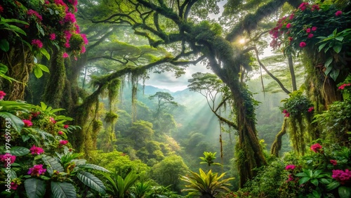 Lush green canopies of ancient trees stretch towards misty skies in a vibrant Filipino rainforest, with exotic flowers and vines entwined across the forest floor.