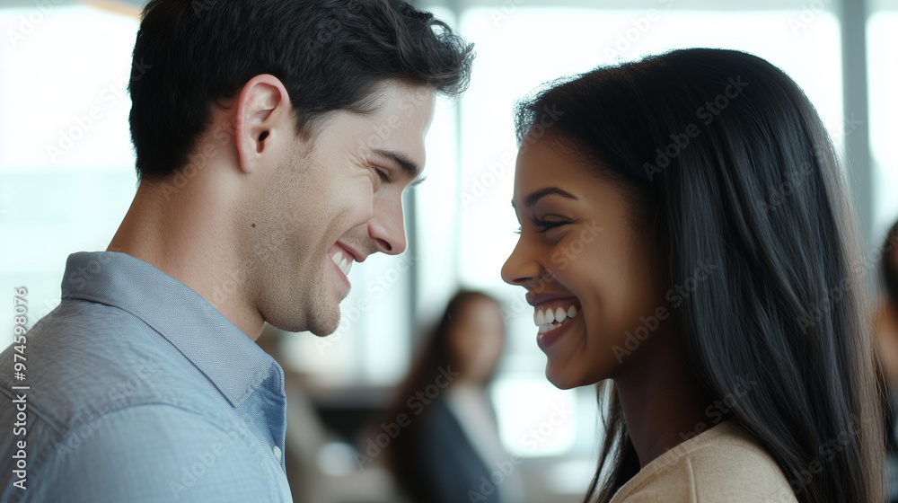 Modern office couple discreetly exchanging smiles during break, capturing subtle workplace romance and connection amidst blurred coworkers. Modern office couple discreetly exchanging smiles during break, capturing subtle workplace romance and connection amidst blurred coworkers.