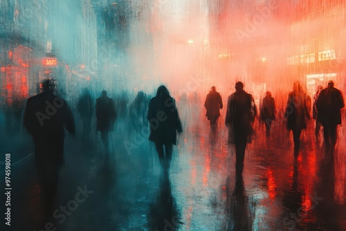 ethereal cityscape with blurred silhouettes of diverse people creating a dreamlike urban tapestry of overlapping forms and muted colors evoking a sense of bustling anonymity photo