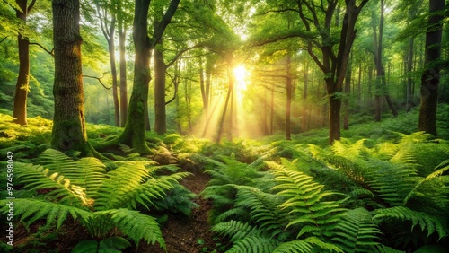 Lush green forest scene featuring deciduous trees with delicate, lacy, fern-like leaves illuminated by soft, warm sunlight filtering through the dense foliage. photo