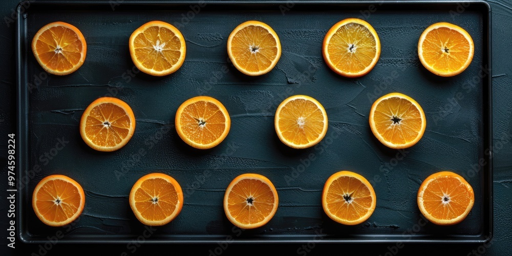 Freshly cut orange slices arranged symmetrically on a dark baking tray for a vibrant display Freshly cut orange slices arranged symmetrically on a dark baking tray for a vibrant display