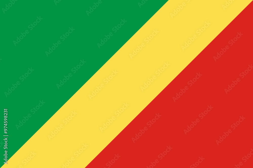 National Flag Republic of the Congo, Congo-Brazzaville or Congo Republic, diagonal tricolour of green, yellow and red radiating from the lower hoist side corner National Flag Republic of the Congo, Congo-Brazzaville or Congo Republic, diagonal tricolour of green, yellow and red radiating from the lower hoist side corner