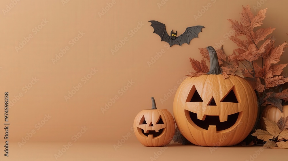 Halloween pumpkins with carved faces and autumn leaves, perfect for seasonal decor and festive celebrations. Halloween pumpkins with carved faces and autumn leaves, perfect for seasonal decor and festive celebrations.