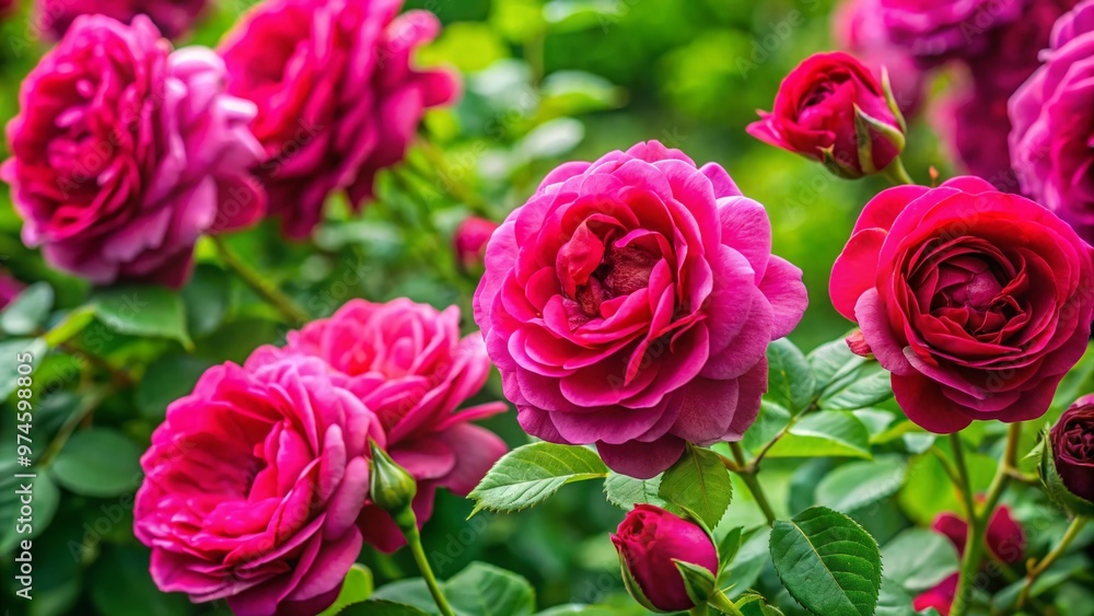 Luxurious deep pink roses bloom amidst lush green foliage, their velvety petals unfolding like tender kisses, radiating romance and sophistication in a serene, natural setting. Luxurious deep pink roses bloom amidst lush green foliage, their velvety petals unfolding like tender kisses, radiating romance and sophistication in a serene, natural setting.