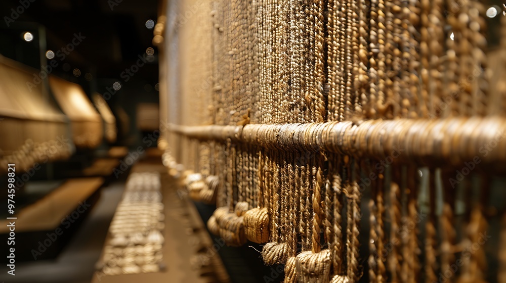 An ancient Inca quipu, with knots arranged on strings as a complex recording system used for keeping records and communicating information. The scene captures the ingenuity and cultural significance An ancient Inca quipu, with knots arranged on strings as a complex recording system used for keeping records and communicating information. The scene captures the ingenuity and cultural significance
