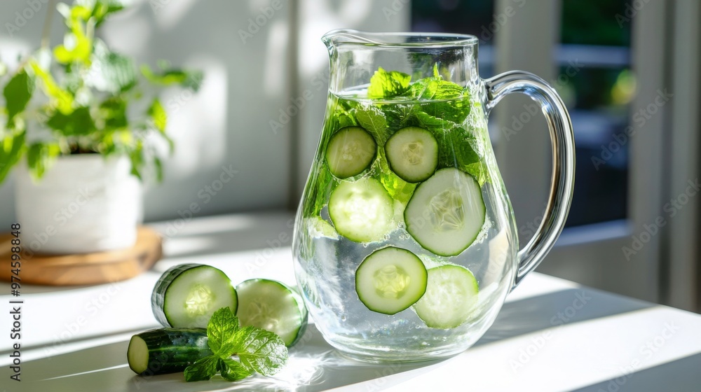 A glass water pitcher with a fruit-infused water, featuring slices of cucumber and mint leaves, elegantly arranged on a white table for a refreshing look. A glass water pitcher with a fruit-infused water, featuring slices of cucumber and mint leaves, elegantly arranged on a white table for a refreshing look.