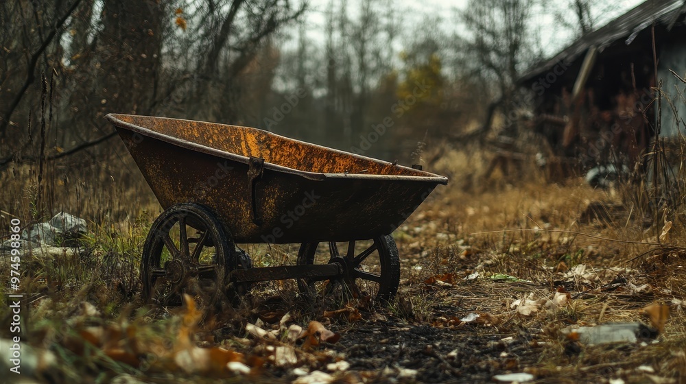 Rustic Wheelbarrow in Autumn Forest Landscape Rustic Wheelbarrow in Autumn Forest Landscape