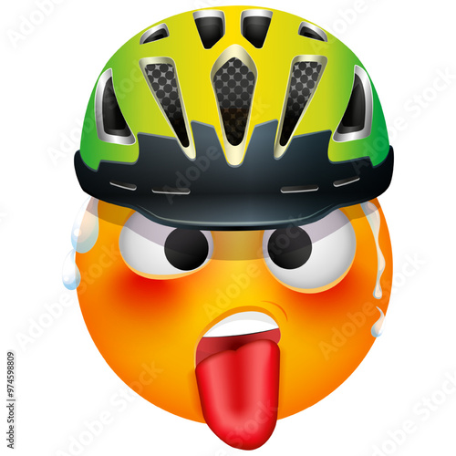 Bicyclist emoji on white background. Cycler emoticon with cycling helmet . Cute emoticon.
