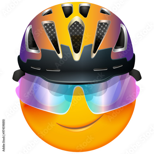 Bicyclist emoji on white background. Cycler emoticon with cycling helmet and sport sunglasses. Cute emoticon.