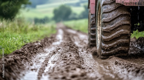 An evocative image showcasing a mud-covered tractor tire traveling on a dirt road through the countryside, representing hard work, agriculture, and the rural lifestyle amid natural beauty. photo