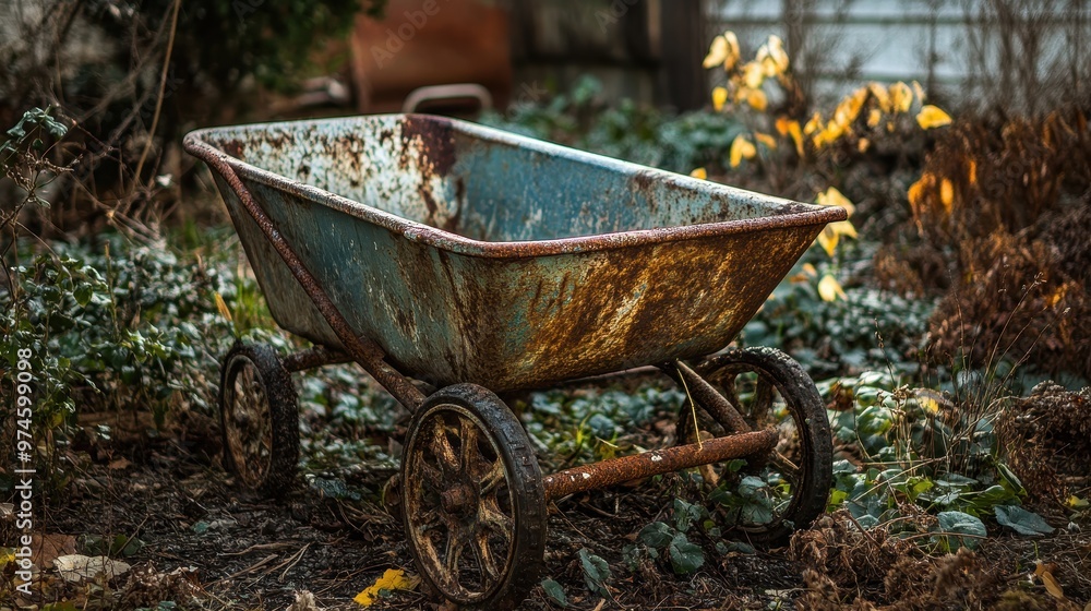 Rustic Wheelbarrow in Overgrown Garden Rustic Wheelbarrow in Overgrown Garden