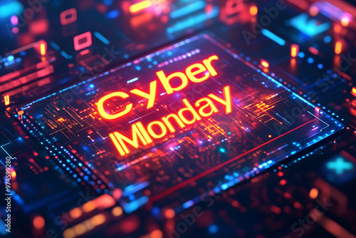 Abstract tech dark background with glowing binary code and neon accents, featuring bold "CYBER MONDAY" text in the center.