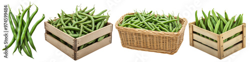 Green pod of young peas in a wooden box, in a wicker basket, set, harvesting, transparent background, png