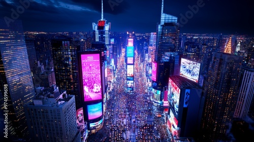 Aerial View of Times Square at Night with Illuminated Billboards and Traffic