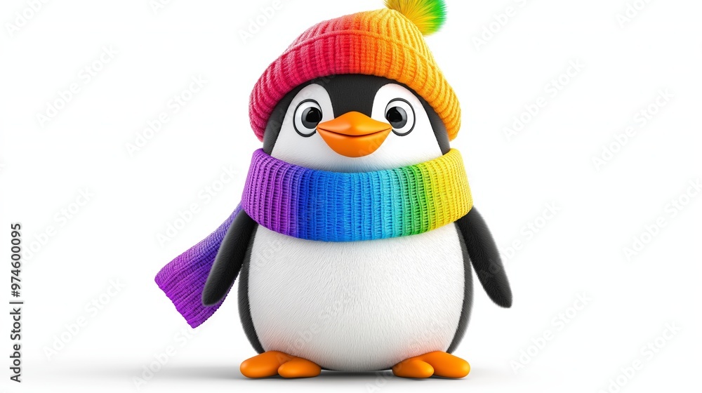 Fototapeta premium A penguin wearing a colorful hat and scarf is standing on a white background. The penguin appears to be happy and cheerful, with its eyes wide open and its mouth slightly open