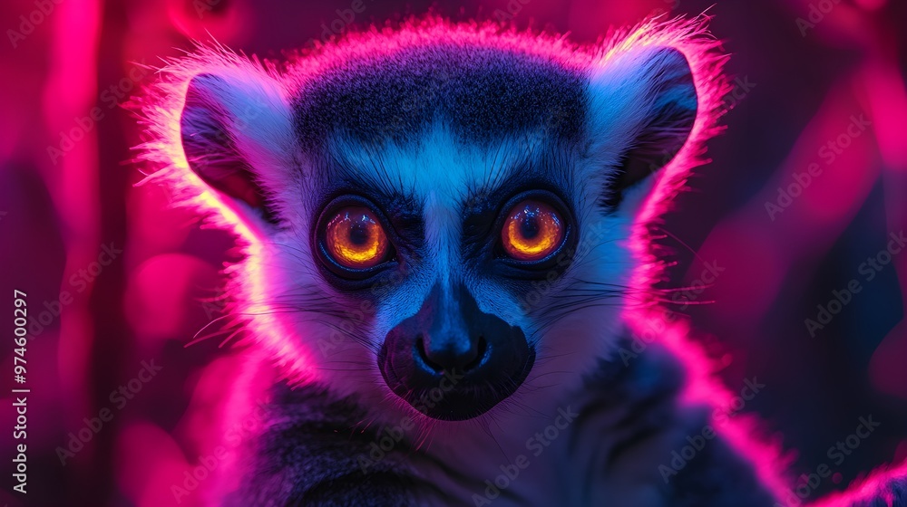 Vivid High-Resolution neon light Image of a Lemur With Fluffy Fur and Bright, Curious Eyes Vivid High-Resolution neon light Image of a Lemur With Fluffy Fur and Bright, Curious Eyes