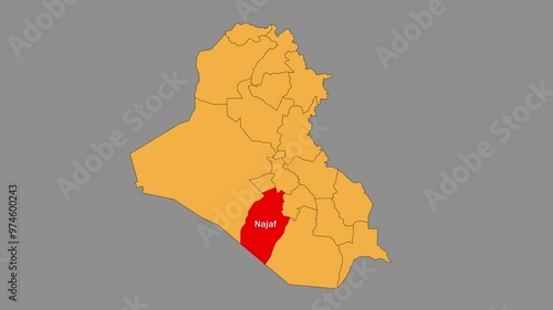 Najaf map animated video. The location is highlighted on the Iraq map. Colour map with Gray background in video format.