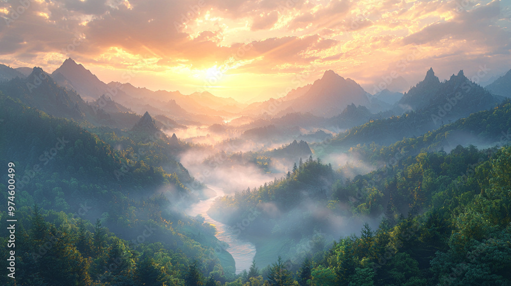 Obraz premium A breathtaking view of misty mountains and a winding river at sunrise.