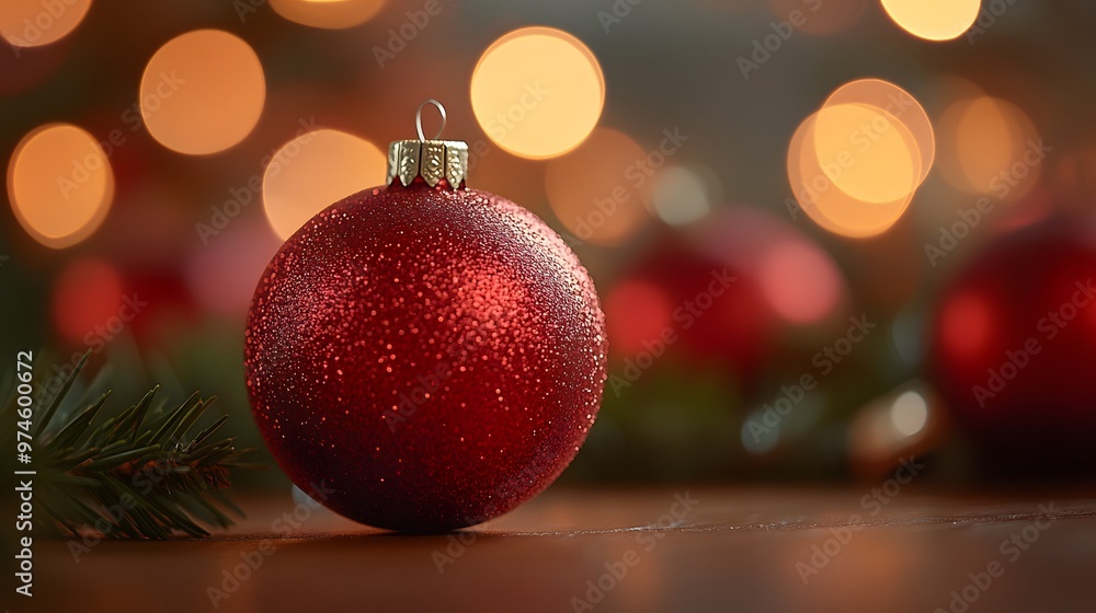 Close-Up of Red Christmas Bauble with Festive Lights in Background Close-Up of Red Christmas Bauble with Festive Lights in Background