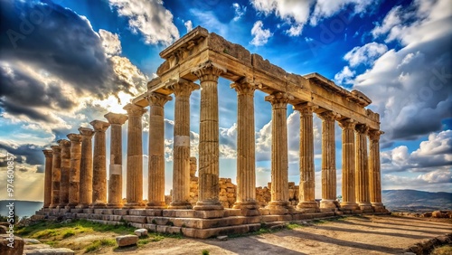 Majestic ancient temple ruins with iconic Doric columns, ornate stone carvings, and sprawling arches, set against a serene blue sky with wispy white clouds. photo