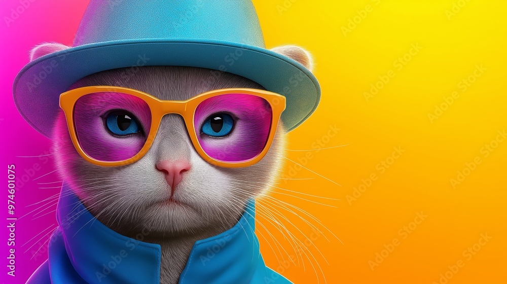 Fototapeta premium A cat wearing glasses and a blue hat is staring at the camera