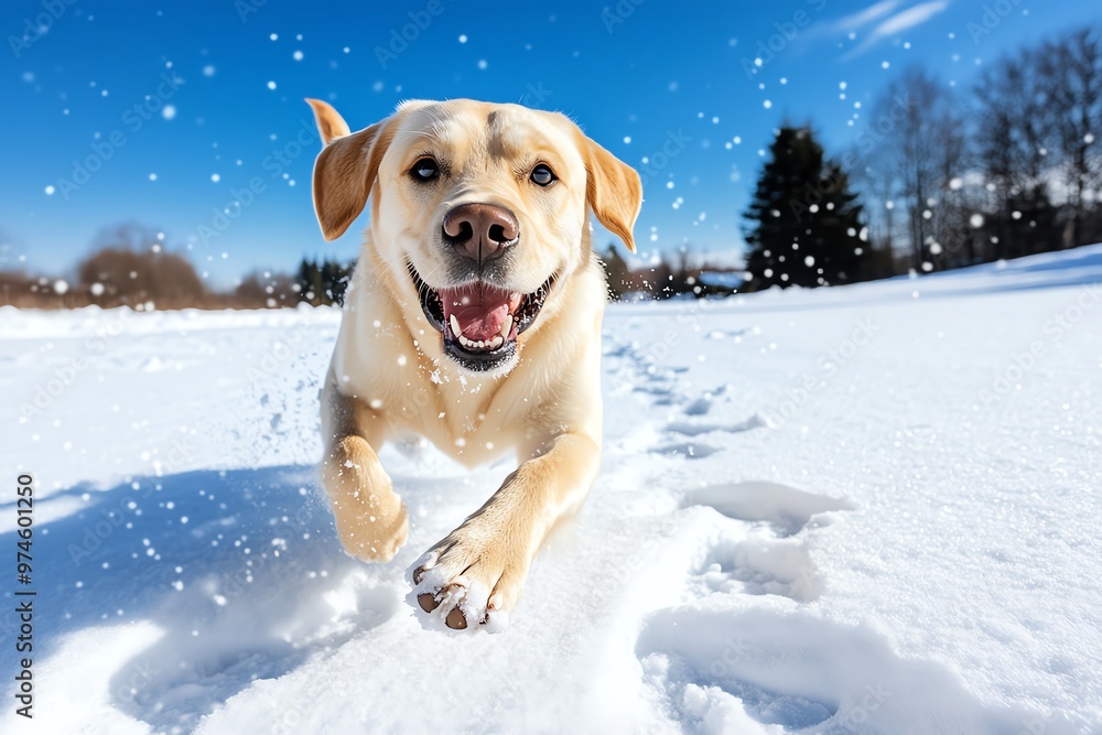 A Labrador Retriever running through a snow-covered field, leaving paw prints behind A Labrador Retriever running through a snow-covered field, leaving paw prints behind