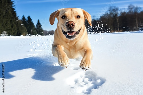 A Labrador Retriever running through a snow-covered field, leaving paw prints behind