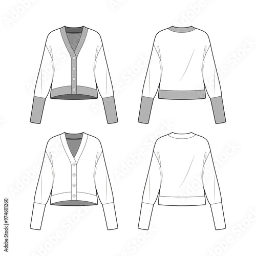Technical sketch of a knit cardigan design template. V-neck button-down placket jumper with ribbed trims and long cuffs. Fashion graphic top item.