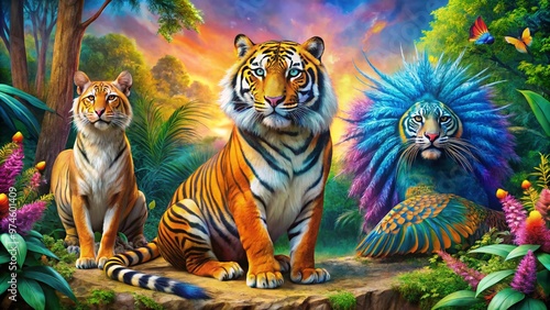 Majestic Bengal tiger, Asiatic lion, and elegant Indian peafowl sit together, symbolizing India's rich cultural heritage and diverse wildlife in a vibrant, colorful scene. photo