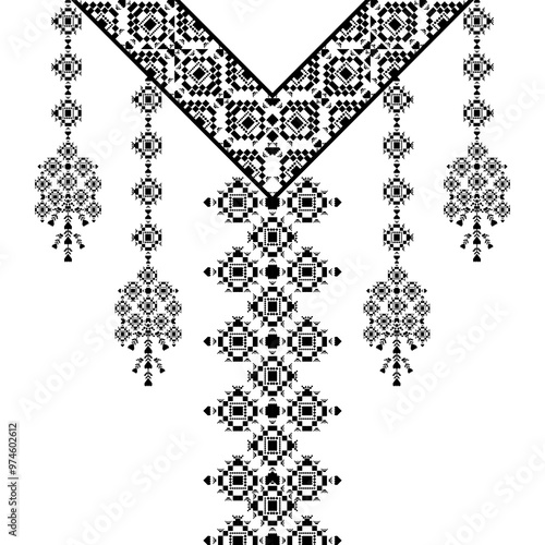 Geometric ethnic neckline pattern. traditional design. decoration, background, pixel art, textile, fabric, clothing, ornament. embroidery style.