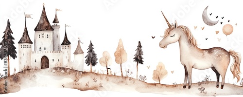 A whimsical illustration featuring a unicorn beside a mystical castle and serene landscape, perfect for fantasy lovers.