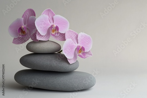 A group of pink orchids are placed on top of three gray stones. The arrangement creates a sense of balance and harmony, with the flowers and stones complementing each other