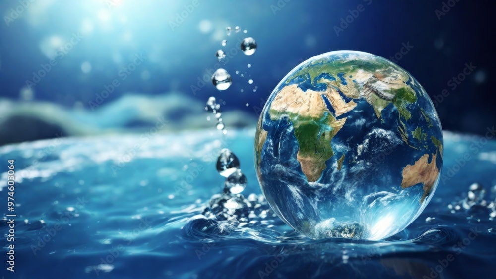 A single drop of water and a bright image of the Earth in it, highlighted on a blue background, with high detail, World Water Day
A single drop of water and a bright image of the Earth in it, highlighted on a blue background, with high detail, World Water Day