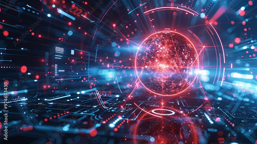 A glowing red sphere surrounded by a network of lines and dots on a dark blue and black background A glowing red sphere surrounded by a network of lines and dots on a dark blue and black background