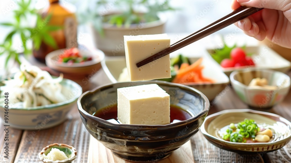 Hand holding chopsticks with tofu over bowl, array of fresh vegetables and condiments in background, healthy eating concept. Hand holding chopsticks with tofu over bowl, array of fresh vegetables and condiments in background, healthy eating concept.