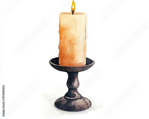 A warm, glowing candle on an ornate holder, perfect for creating a cozy atmosphere in any setting.