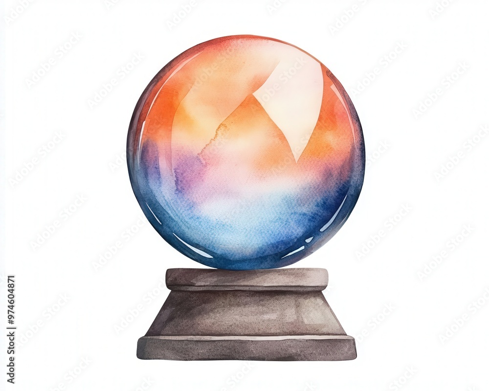 A beautiful watercolor illustration of a mystical crystal ball resting on a wooden base, showcasing vibrant colors and enchanting patterns.