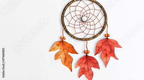 A beautifully crafted dreamcatcher featuring orange leaves, perfect for autumn decor and enhancing spiritual ambiance. photo