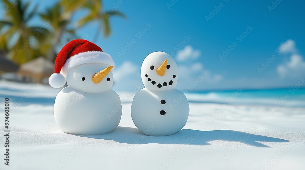 Two snowmen are standing on a beach, one wearing a red hat. The beach is empty and the snowmen are the only things visible Two snowmen are standing on a beach, one wearing a red hat. The beach is empty and the snowmen are the only things visible