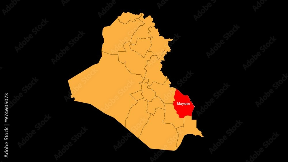 Maysan map animated video. The location is highlighted on the Iraq map. Colour map with transparent background in video format. Maysan map animated video. The location is highlighted on the Iraq map. Colour map with transparent background in video format.