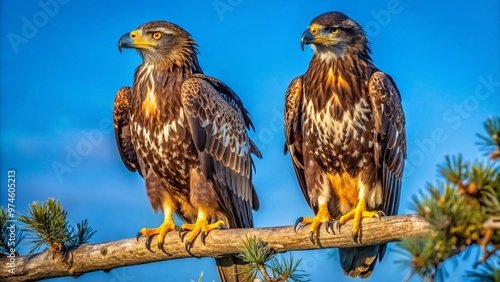 Majestic juvenile bald eagles perch on a sun-drenched tree branch, their soft feathers glistening, with wide curious eyes and sharp talons, against a clear blue sky. photo