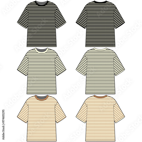 Technical sketch of a unisex basic striped t-shirt design template. Round-neck pullover with short sleeves. Fashion graphic top item.