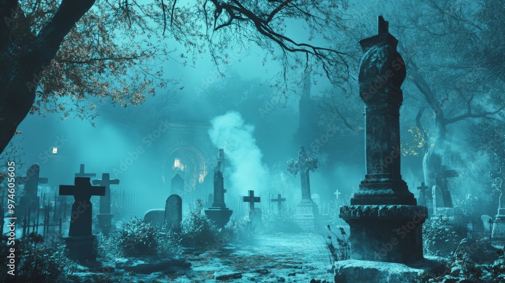 Haunted Cemetery: Spooky 3D Scene with Rising Ghosts and Mist 1 Haunted Cemetery: Spooky 3D Scene with Rising Ghosts and Mist 1