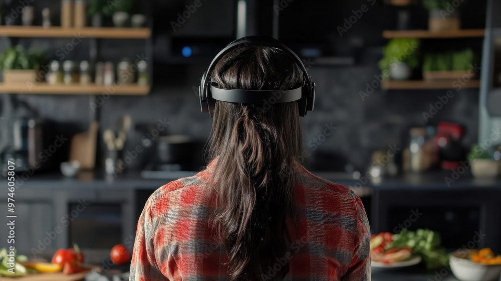 Obraz premium Woman in Virtual Reality Headset in Modern Kitchen