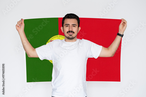 Moustached man holding Portugal flag, patriot and nationalist person, independence or celebration 